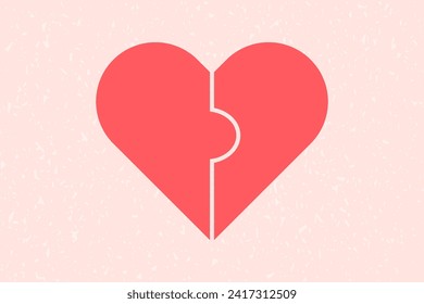 Banner, heart shaped puzzle halves on a pink textured background. Love, valentine's day, romance.