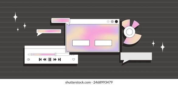 Banner with hearts. Retro computer interface aesthetics. Background with browser elements in y2k style with gradient.