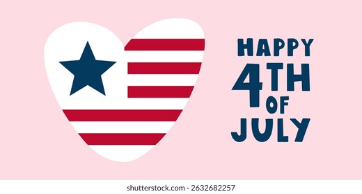 Banner - Heart-shaped flag of USA. Happy  4th of July. Hand drawn vector illustration on pink background.