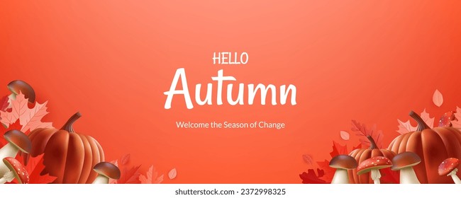 Banner Hello Autumn. Featuring realistic illustrations of leaves, pumpkins, mushrooms, acorns, chestnut, it's perfect for creating a warm and seasonal atmosphere. Not AI generated.
