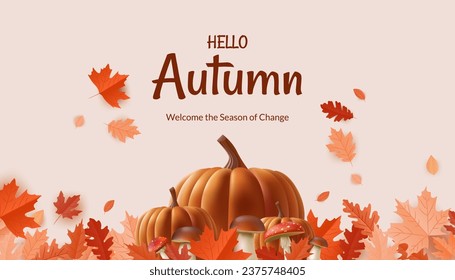 Banner Hello Autumn. Featuring realistic illustrations of leaves, pumpkins, mushrooms, acorns, chestnut, it's perfect for creating a warm and seasonal atmosphere. Not AI generated.