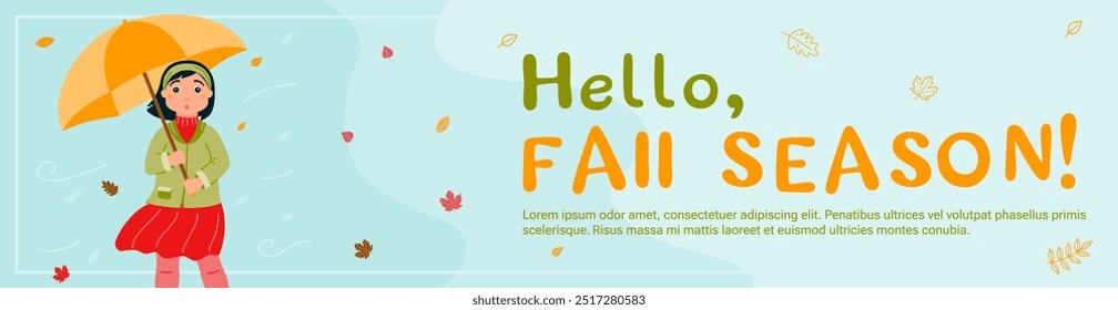 Banner Hello, fall season! A surprised girl in autumn clothes hides under an umbrella from the wind and rain. Leaf fall. The autumn season. Vector illustration in a flat style.