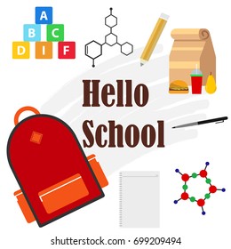 Banner Hello school, a schoolboy set. Flat design, vector illustration, vector.