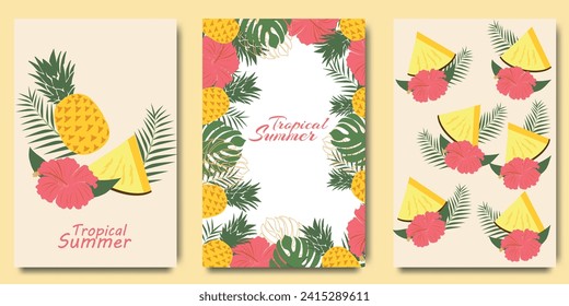 Banner Hello summer. Bright, colorful, yellow background of tropical leaves and flowers. Creative, exotic frame. Summer vector design for invitations, posters, cards, banners. 