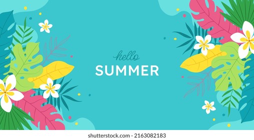 Banner hello Summer. Creative bright, colorful, blue background with tropical leaves and plumeria flowers. Summer sale, poster template, greeting card.