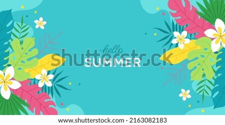 Banner hello Summer. Creative bright, colorful, blue background with tropical leaves and plumeria flowers. Summer sale, poster template, greeting card.