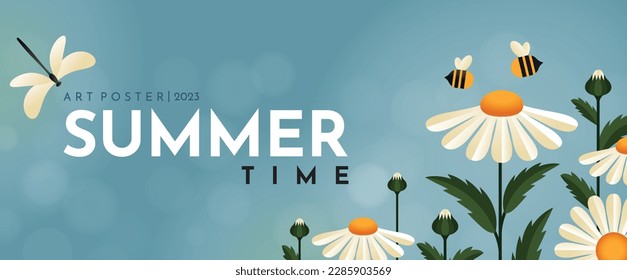 Banner hello summer with daisies. Cute daisies, bees and dragonfly. Summer illustration for banner, poster or flyer.