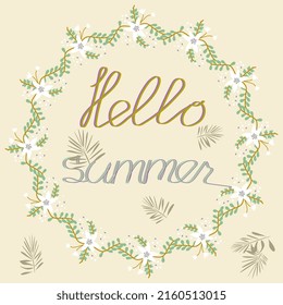 banner hello summer frame of flowers on a light background