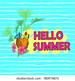 banner hello summer palm leaves on a striped background, vector illustration made by hand