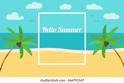 banner Hello summer, palm trees on the beach, flat vector illustration