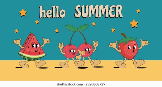 Banner hello summer. A set of funny fruit mascots: happy watermelon, strawberries, cherries on a blue background.Vector flat illustration of comic characters in a trendy retro cartoon style of the 70s