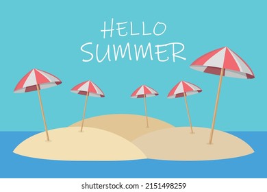 banner hello summer with umbrellas on the beach. vector illustration