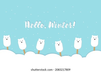Banner Hello Winter blue background snowflakes ice cream polar bears on a stick, drifts of snow. Horizontal. Vector illustration