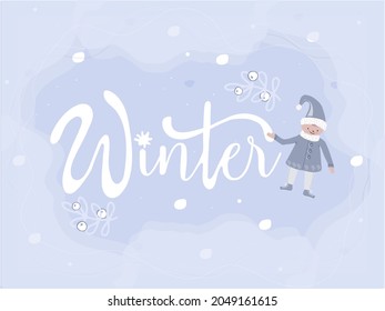 Banner Hello winter lettering, cute handwritten vector illustration with snowflakes, gnome and branches. Vector in flat style. card design template.