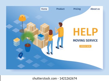 Banner Help Moving Service Vector Illustration. Banner Man and Woman Put Boxes in Row, Preparing for Move. Assistance in Packing and Assembling Furniture When Moving. Landing Page.