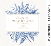 Banner with herbs, leaves and ferns. Frame with a leafy bouquet.  Floral design elements. Vector illustration. Blue