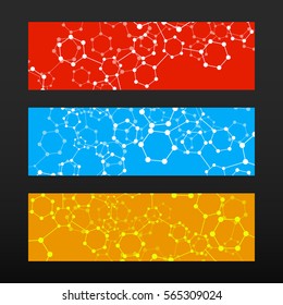 Banner with hexagonal molecular structure of DNA. Geometric abstract background