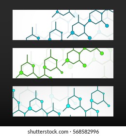 Banner with hexagonal molecular structure of DNA. Geometric abstract background