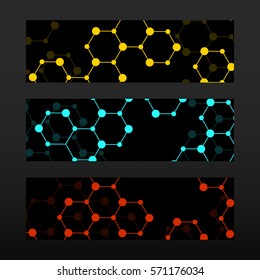 Banner with hexagonal molecular structure of DNA. Geometric abstract background
