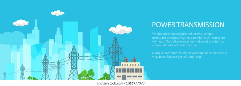 Banner with High Voltage Power Lines Supplies Electricity to the City , Electric Power Transmission on a Blue Background, Vector Illustration