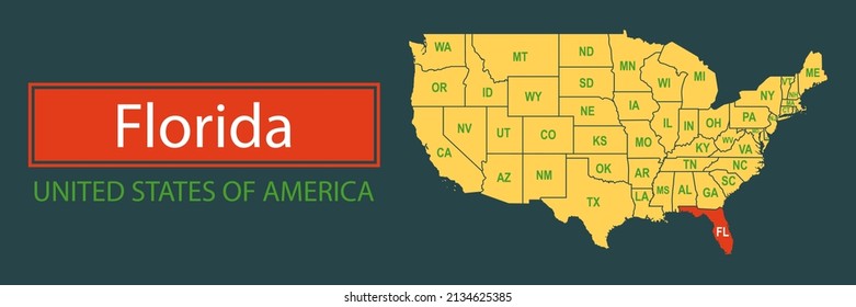 Banner, highlighting the boundaries of the state of Florida on the map of the United States of America. Vector map borders of the USA Florida state.