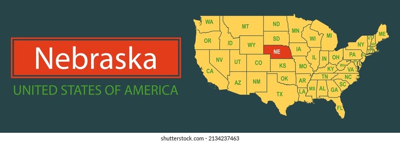 Banner, highlighting the boundaries of the state of Nebraska on the map of the United States of America. Vector map borders of the USA Nebraska state.