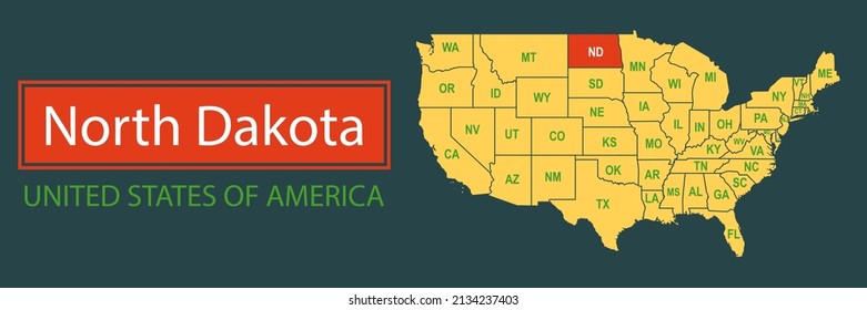 Cartel, destacando los límites del estado de Dakota del Norte en el mapa de los Estados Unidos de América. Mapa vectorial de las fronteras del estado de Dakota del Norte de Estados Unidos.