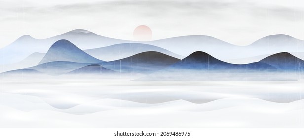 Banner with hills and mountains in the fog in pastel blue colors. Art landscape in oriental style for decor, print, design in the house