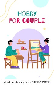 Banner for hobby activity for couples with man and woman busy with creative action together, flat cartoon vector illustration isolated on white background.