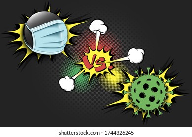 Banner hockey vs covid-19. Hockey puck with a protection mask against coronavirus sign. Cancellation of sports tournaments. The worldwide fight against the pandemic. Vector illustration