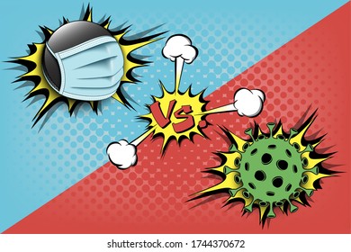 Banner hockey vs covid-19. Hockey puck with a protection mask against coronavirus sign. Cancellation of sports tournaments. The worldwide fight against the pandemic. Vector illustration