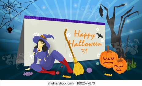 banner for a holiday design on the theme of all saints eve Halloween, a witch sitting next to a postcard, flat vector illustration