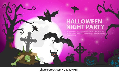 banner for holiday design, on the theme of all saints eve Halloween, a Zombie crawls out of the grave on the background of the moon, flat vector illustration