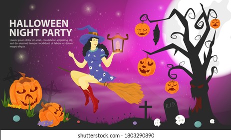 banner for holiday design on the theme of all saints eve Halloween, a Witch with a lantern flying on a broom, mimio of a tree with pumpkins, flat vector illustration