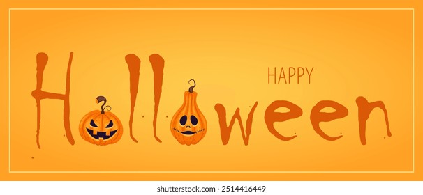 Ein Banner mit einem Feiertagsgruß von Happy Halloween. Die süßen und grausamen Grimassen von Halloween Kürbissen.