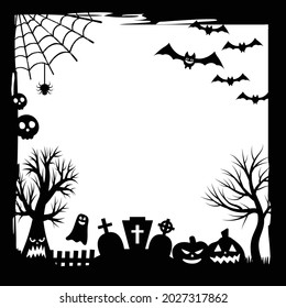 Banner for the holiday. Happy Halloween party. Trick or treat. Pattern with a texture in a simple grunge frame with a spiders web. Vector illustration in black and white