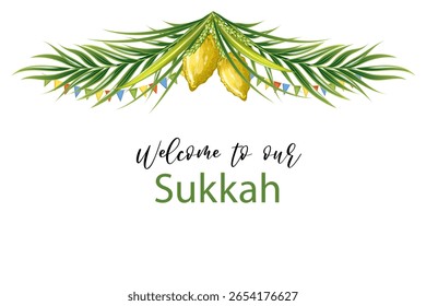 Banner holiday Sukkot welcome. Freehand drawing, isolate on a white background, clipart. Vector