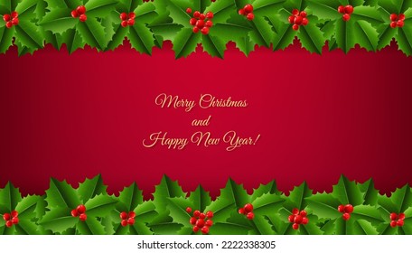 Banner With Holly Berry Border With Gradient Mesh, Vector Illustration