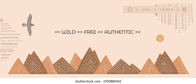 Banner, Startseite für Website mit Vektoradler, Berge aus dem wilden Westen. Ethnischer Stil, Boho-Ornament.