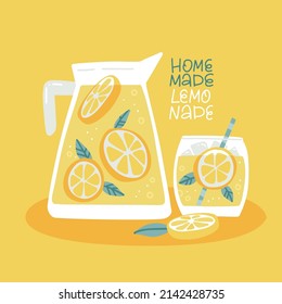 Banner for homemade lemonade with Jug of fresh citrus drink and Glass of tasty lemon beverage. Still life food with fresh juicy bright lemons slices. Flat hand drawn vector illustration with lettering