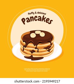 Banner Homemade Pancakes with Jams. A delicious hearty breakfast. Fried pancakes. Vector illustration