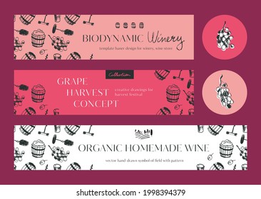 Banner homemade wine. Vector symbol classic winemaking. House wine label, template badge. Wine tasting poster. Black drawings of wood barrel, bunch grape, corkscrew. Logo winery field. Organic wines.