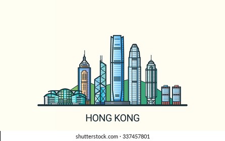 Banner of Hong Kong city in flat line trendy style. All buildings separated and customizible. Line art.