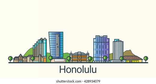 Banner of Honolulu city in flat line trendy style. Honolulu city line art. All buildings separated and customizable.