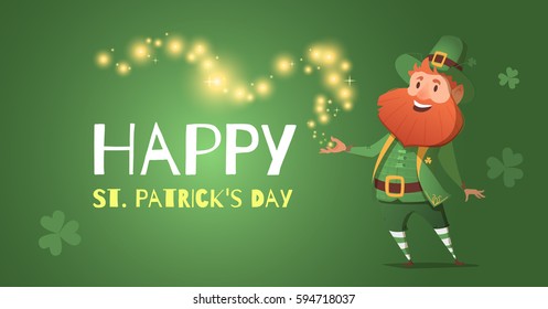 Banner in honor of St. Patrick's Day. Banner can be used in greeting. Vector poster with leprechaun and magic sparkles.