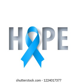 Banner with Hope Lettering and Symbol of Colon Cancer and Colo-rectal Cancer Awareness Realistic Blue Ribbon. Design Template for Info-graphics or Websites Magazines on Blue Background