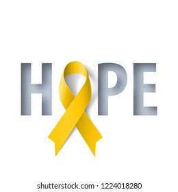Banner with Hope Lettering and Symbol of Sarcoma Cancer Awareness Realistic Yellow Ribbon. Design Template for Info-graphics or Websites Magazines on Yellow Background