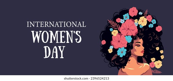 Banner horizontal beautiful girl. Side pose. Beautiful pink lush flowers in your hair. Hairstyle. Poster for Women's Day. Place for text