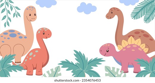 Banner horizontal frame with cute dinosaurs and tropical plants. Childish hand drawn vector illustration.