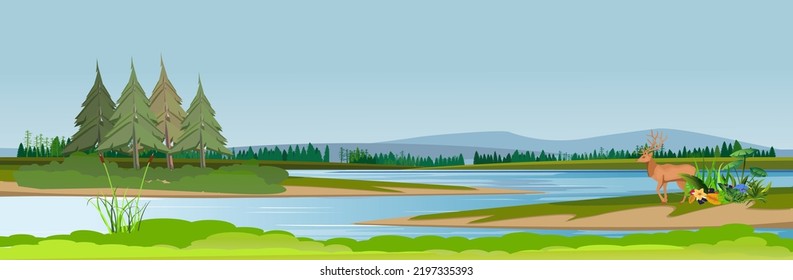 Imagen horizontal del cartel El río azul corre sobre las colinas verdes de estepa y plantas vectoriales naturaleza del campo